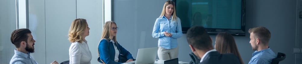 A woman gives a presentation to her colleagues gathered in the room.